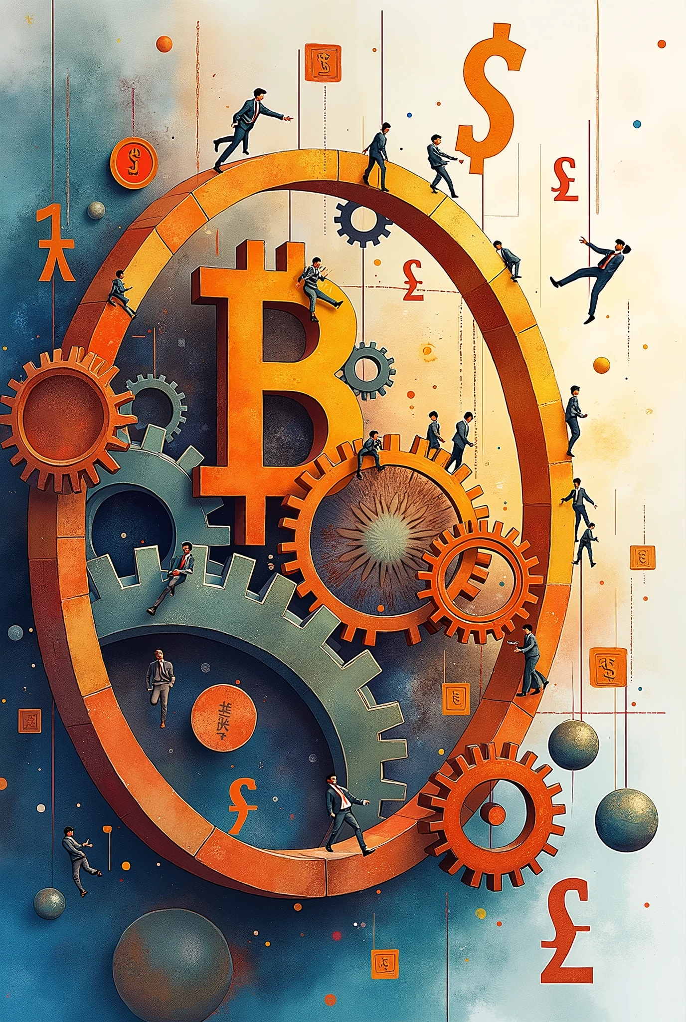 Create three-dimensional gears, circles, and squares, currency, graph lines, and many businessman images. Using watercolor and mixed media Use bright colors The light source is in the upper right corner. --ar 2:3
