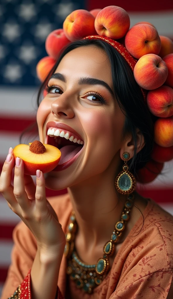 Clothed 30's、A very beautiful American woman。Dressed in traditional Iranian clothing。Facing forward、Open your mouth wide、He is biting into a peach with relish.。The expression is、Ecstatic expression、I feel a strong sense of ecstasy。With a smile、Both eyes are open。The head is peeled、Covered in several real peaches。There are a lot of peaches on and around the head.。There are peaches all around。There are so many peaches。The skin is、Hidden by clothes、Light clothing。There are peaches all around。Covered in peaches。Fully clothed。No tattoos。The background is the colors of the American flag.。9:16 sizes。Highest quality、A masterpiece。