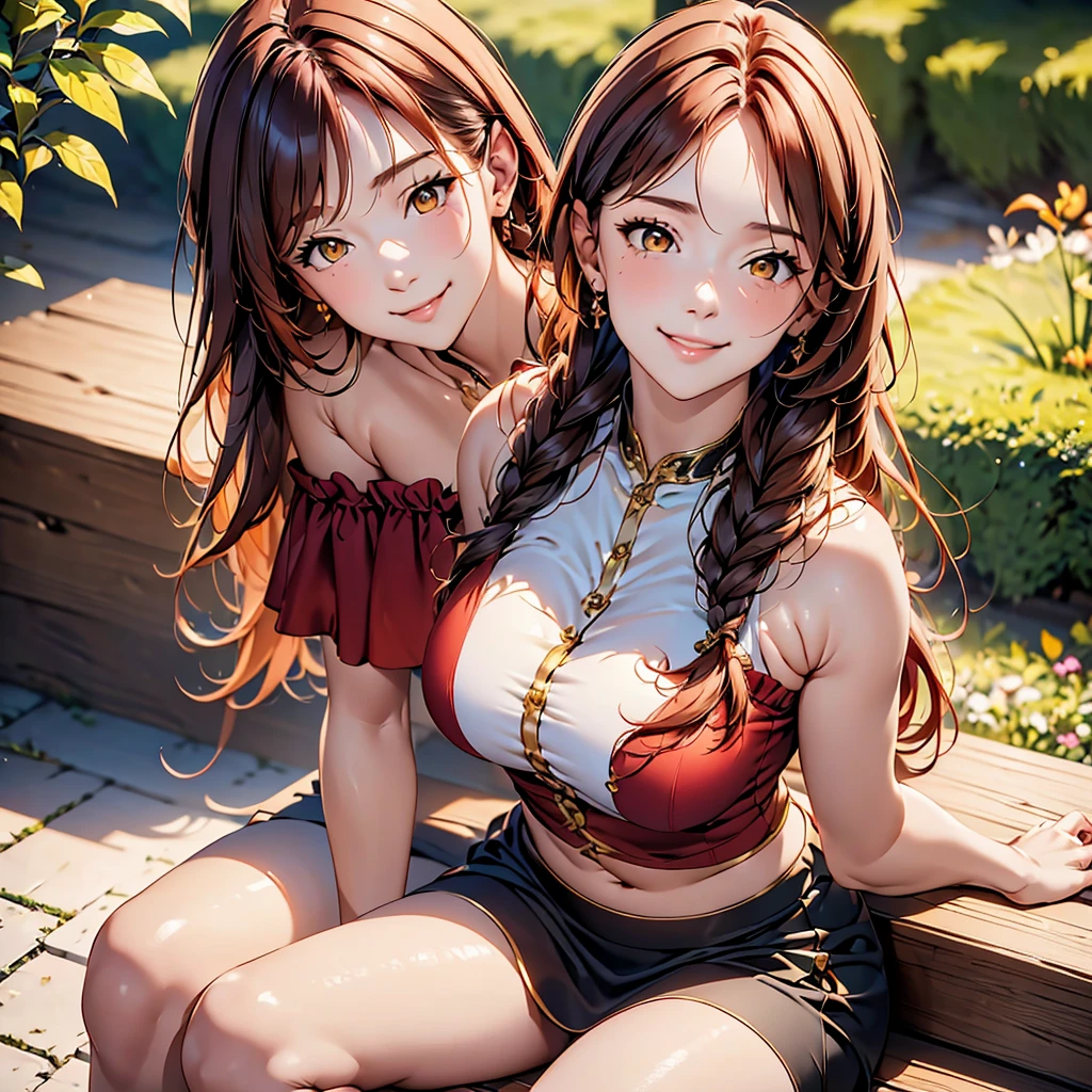 women, natural redhead, long hair with 2 braids, honey yellow eyes, black flared short skirt, Wine red off shoulder blouse with details, sitting on a bench in a garden, Whole body, mischievous smile, bright smile, chest a little big.