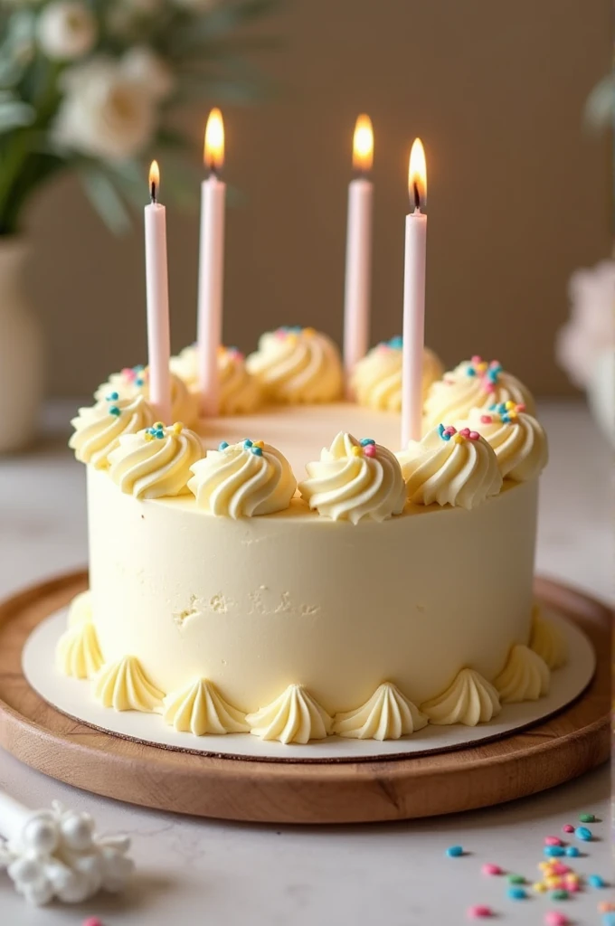 food photography of a beautiful delicious vainille birthday cake, with candles, cute pastel, captured by sony alpha a7 iii camera with sony fe 24-105mm f/4 g oss lens, unmistakable to a photograph, natural lighting