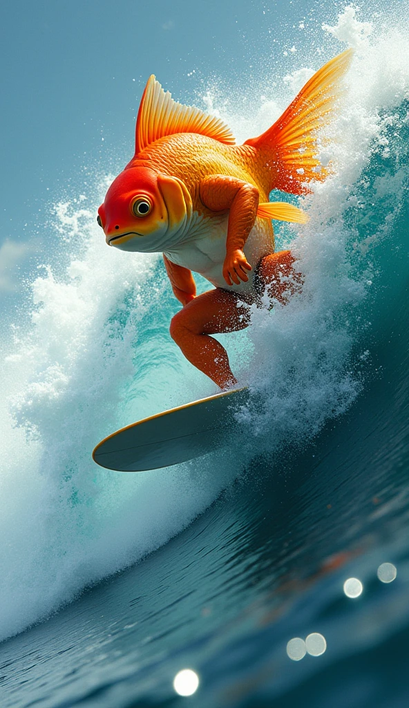 A muscular, chesty, shirtless goldfish surfing a wave