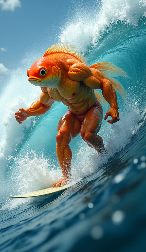 A muscular, chesty, shirtless goldfish surfing a wave