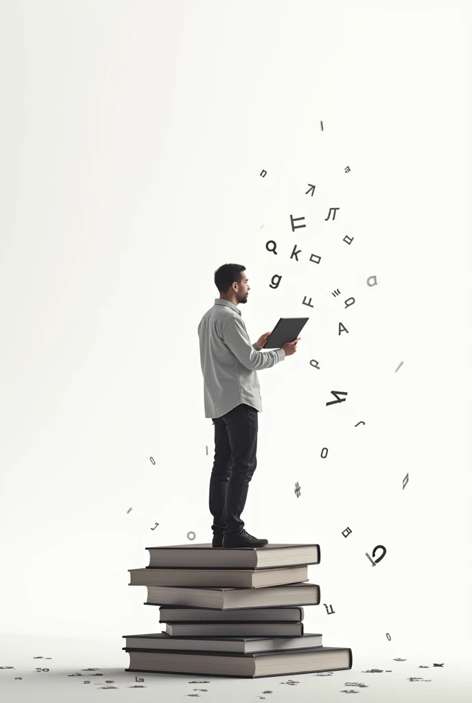 A complex image with a simple big meaning, letters falling on digital on a computer keyboard , a man standing on a book holding a tab white background