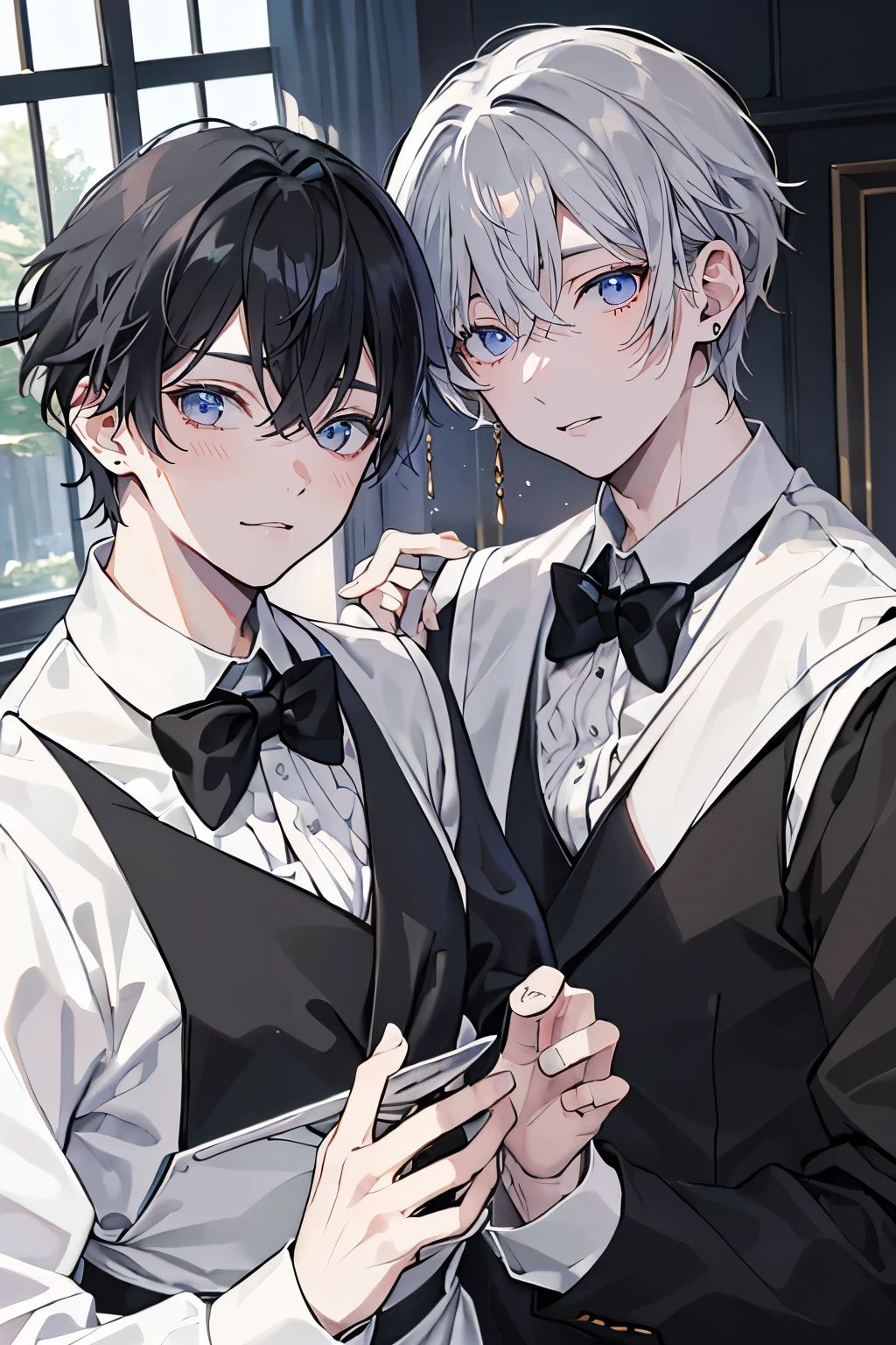 (Mastepiece)、(Best Quality)、Very detailed、((Two butlers:1.5))、Perfect Face、Beautiful Face、Very detailedな顔、(Black-haired man:1.3)、(Grey-haired man:1.3)、Deacon&#39;s uniform