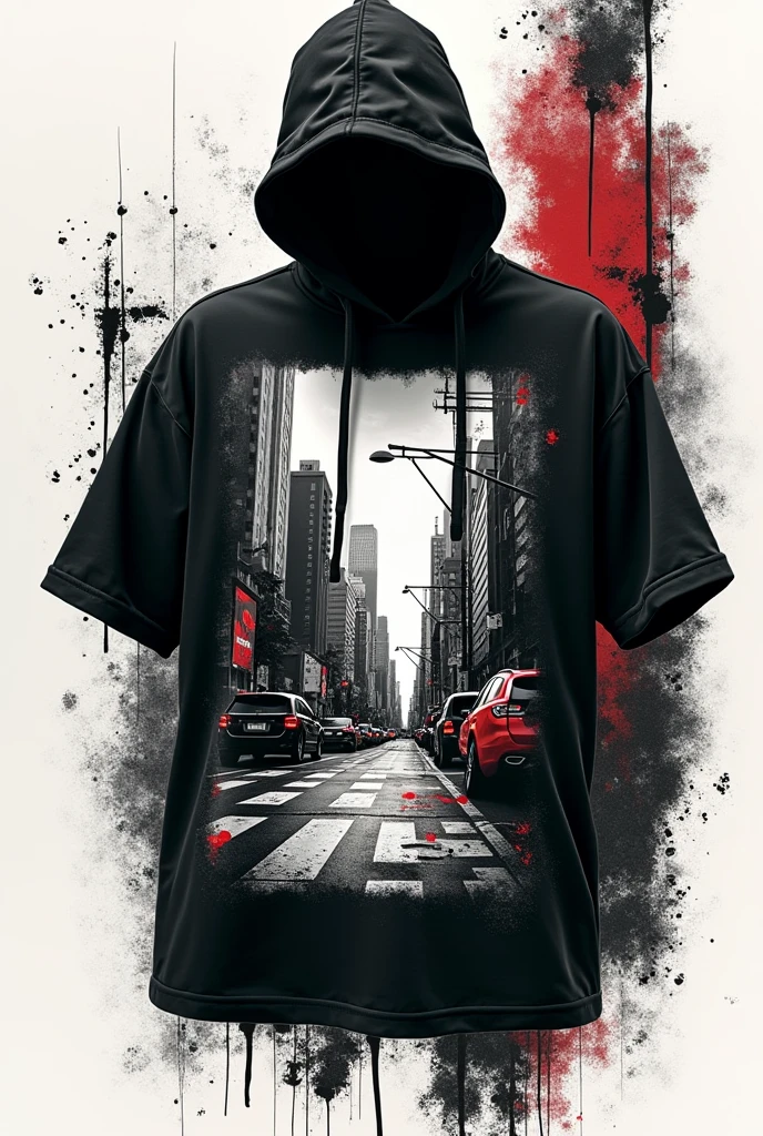 Develop a streetwear-inspired T-shirt design featuring bold, edgy graphics. Use elements like graffiti tags, urban landscapes, or abstract art. Opt for a monochrome or high-contrast color scheme to create a gritty, urban feel. The design should be bold and in-your-face, suitable for an oversized, relaxed-fit T-shirt. Consider adding a distressed or worn texture to enhance the streetwear aesthetic."