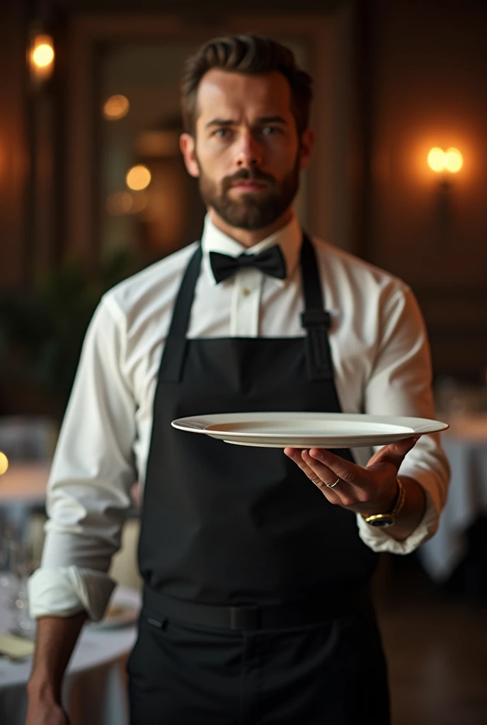 A waiter serving a empty plate neare camera mre nare