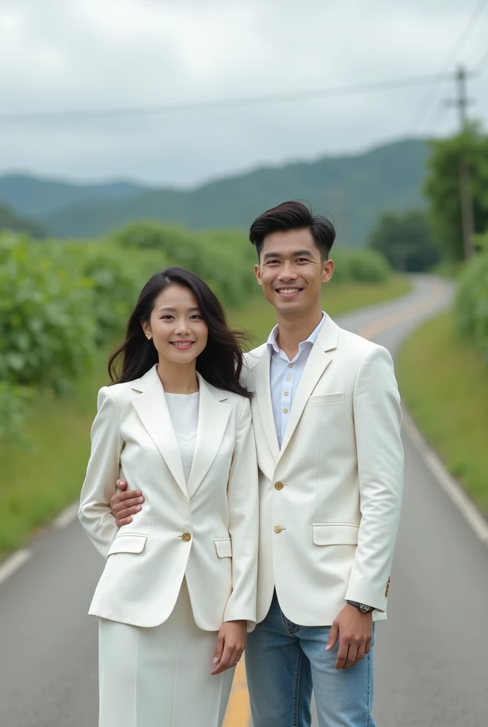 Real pinoy couple wearing white jacket standing back road blurd