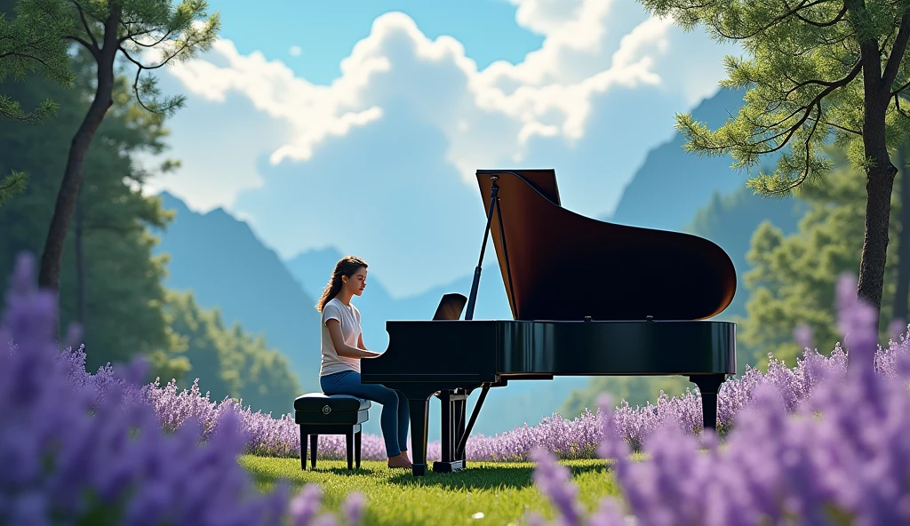 A pianist plays a grand piano in the middle of a forest, surrounded by lavender and gardenia, purple background, distant mountains, gentle sea breeze, fresh color scheme, shallow depth of field composition, natural light, soft tones, huge fluffy clouds, masterpiece digital art, vibrant colors