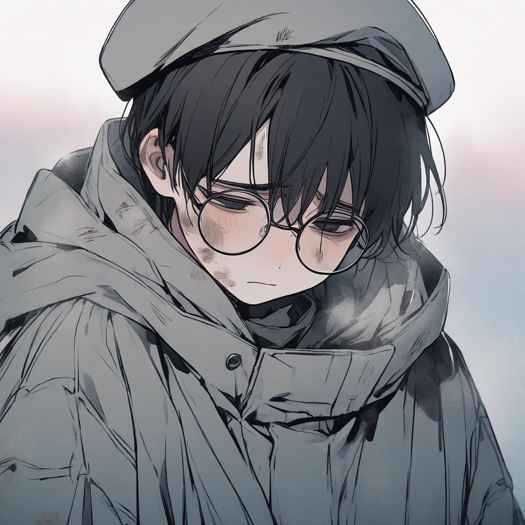 Young man, black hair, pastel colors, face close up, poor, beret, round glasses, simple, black eyes, orphan, dirty, oversized jacket, cold, sad, grey clothes, miserable, boy, lonely, black eyes, black hair