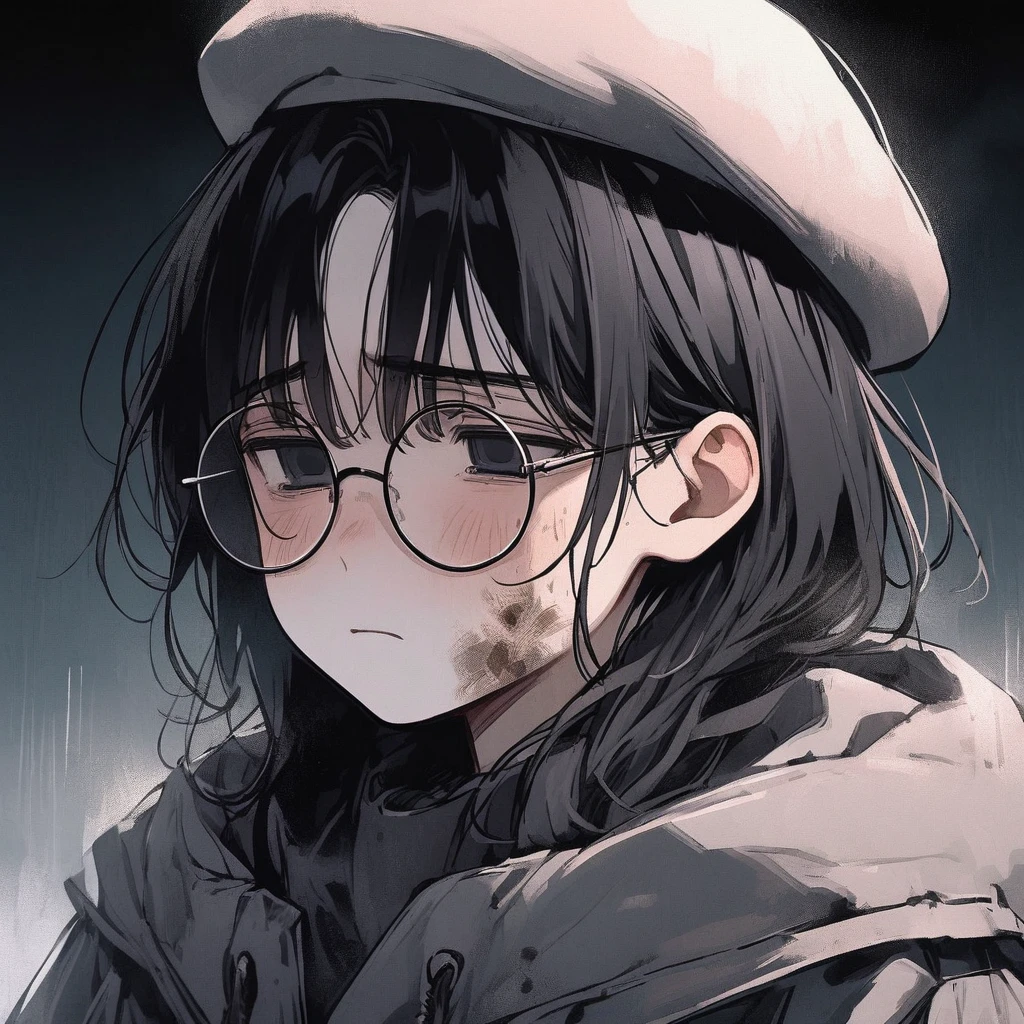 Young man, black hair, pastel colors, face close up, poor, beret, round glasses, simple, black eyes, orphan, dirty, oversized jacket, cold, sad, grey clothes, miserable, boy, lonely, black eyes, black hair