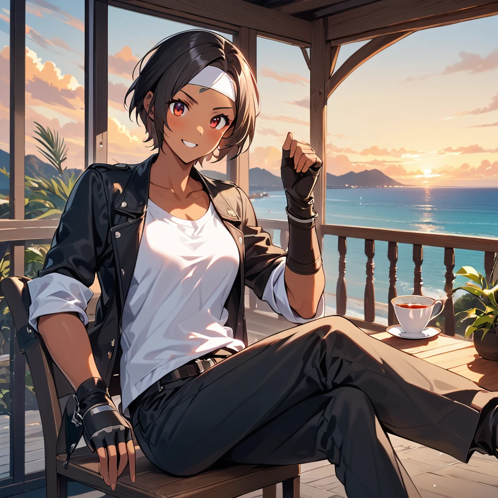One person,woman,short hair,Dark Skin,Red eyes,（black jacket with sleeves rolled up）,Fingerless gloves,White T-shirt, （White headband on forehead）,Black trousers,White shoes,Tea belt,cute,Indoor Party,Charm Points,Ocean View,Slightly large chest,Outdoor,high quality,good looking,Confidence and surprise face,Dining with friends on the terrace,Vibrant atmosphere,Sit on a chair and cross your legs