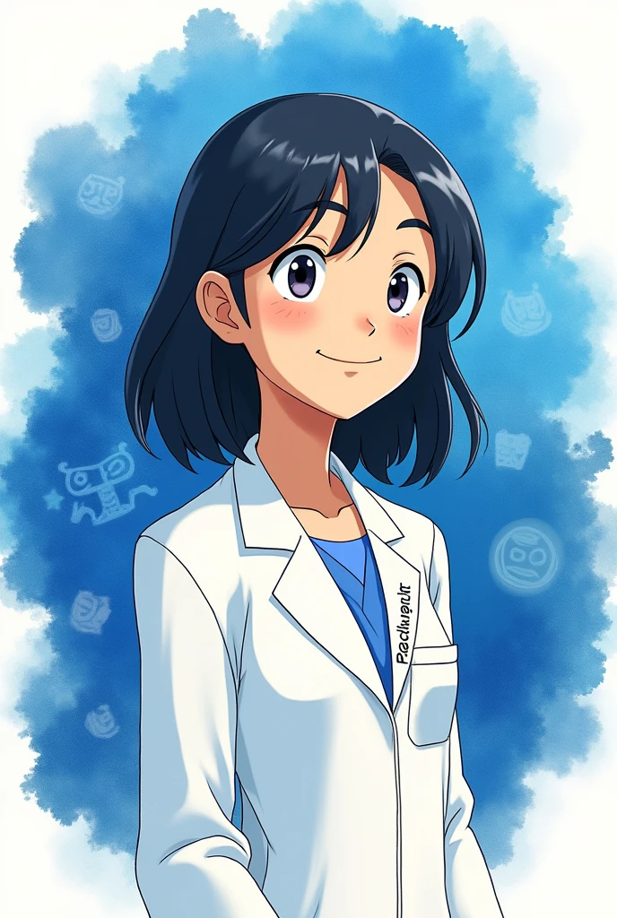 Hello, I want an animated image like Studio Ghibli of a psychologist with slanted eyes, shoulder length hair, young, strong, smiling and tender. The image should be full-body and on the left side of the lab coat it should say psychologist.. I also want a watercolor in the shape of a blue cloud in the background, that surrounds it and that within it there are achievements of psychology