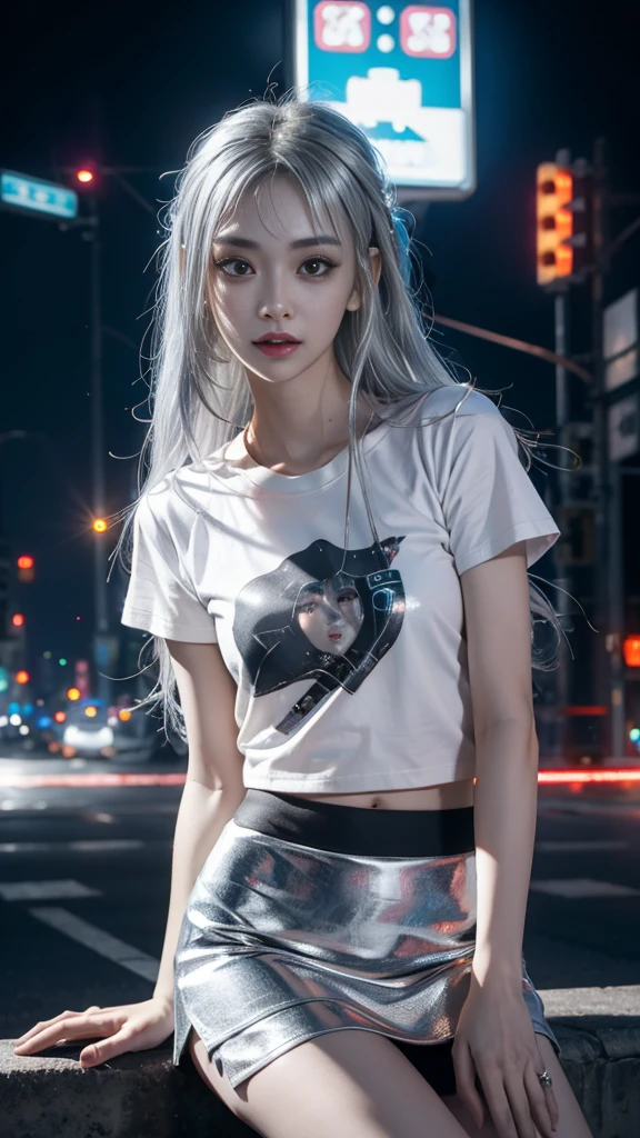 8k, UHD, masterpiece, 1 girl, ((good face)), very long hair, light makeup, (white skin:1.2), detailed eyes, small bust, simple cyberpunk clothing, ((silver t-shirt)), ((mini skirt)), (cyberpunk lighting:1.4), (building roadside), light effect, light reflection, ((spreading lights)), cyberpunk, cybercity, futuristic, (night), ray tracing, bloom, perfect pose, sitting,