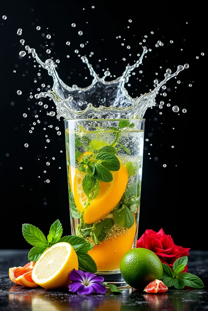 (Movie-like photos:1.3) of (Realistic:1.3) a studio shot of a (explode:0.2) (Low gravity of fruit:1.1) (Splash:0.9) A glass of water with lots of herbs, ミントとbasilとローズマリー、Contains lemon and lime, Splash Image, Full Color, In Kamba, splashes of liquid, Drink, Mint and basil and flower, Next to lemon and lime and flower, Strong colors, ticker, Invoking joy, Water swirls, Fred Marcellin, Top selection when splash is removed, professional food photography, Artistic photography. Black background,Red and purple flowers on the table、basil