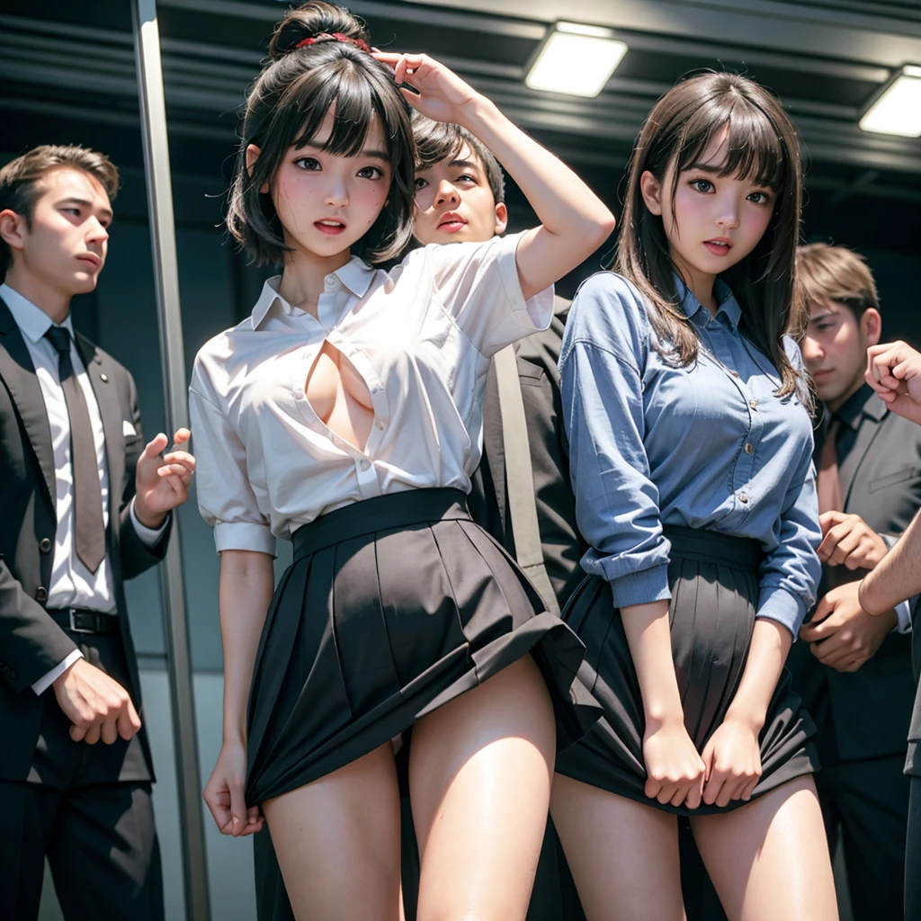 Beautiful innocent high school girl surrounded by excited high school boys, A beautiful girl with a baby face like an idol, She was forced to strip in public and screamed with her mouth open in shame at being seen, Anatomically correct, Staring at the audience, Beautiful wavy black medium bob hair, blush, Body flushed red, Wet with sweat, Increased sensitivity, Tears overflow from your beautiful eyes, Ultra high definition, Slender body, Can be smelled from close range, Japanese, Cowboy Shot