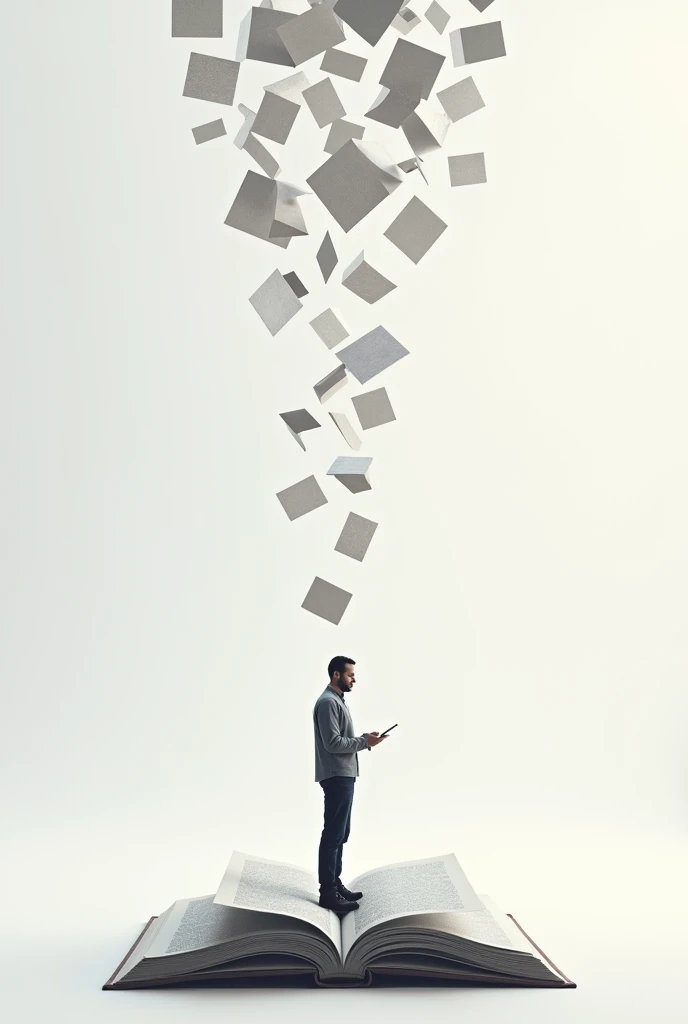 A complex image with a simple big meaning, letters falling on digital on a computer keyboard key falling, a man standing on a book holding a tab white background