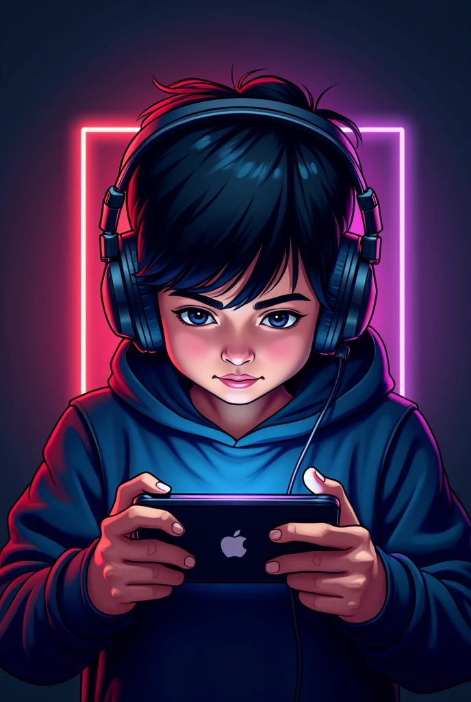 create a gaming logo ,a indian  boy (straight hair)with gaming headphones and apple iphone playing game on it