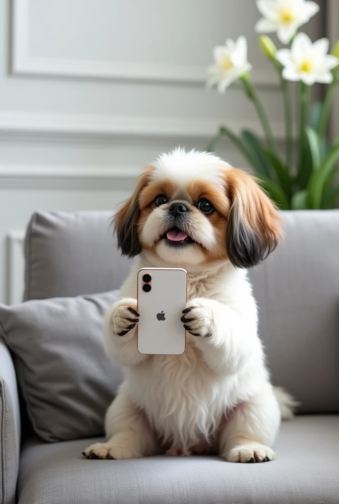 create a realistic photo of a white caramel and brown shitzu dog smiling with, sitting on the couch looking at the white iphone 15 pro max cell phone in his hands.  arms lowered, the cell phone only appears at a glance, he is looking at the cell phone and shows him in full body sitting like a human, a minimalist room, grey sofa, white wall behind with white boiserie and a lily plant with white flowers in the background to the side