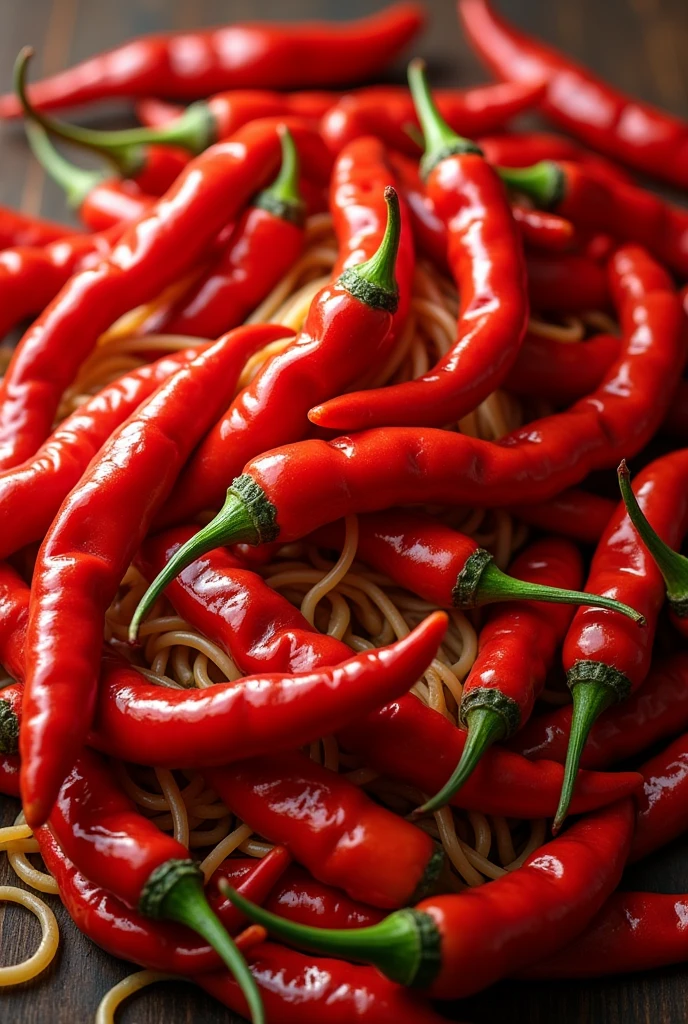 The chili peppers are so thick my noodles are covered in chili peppers.