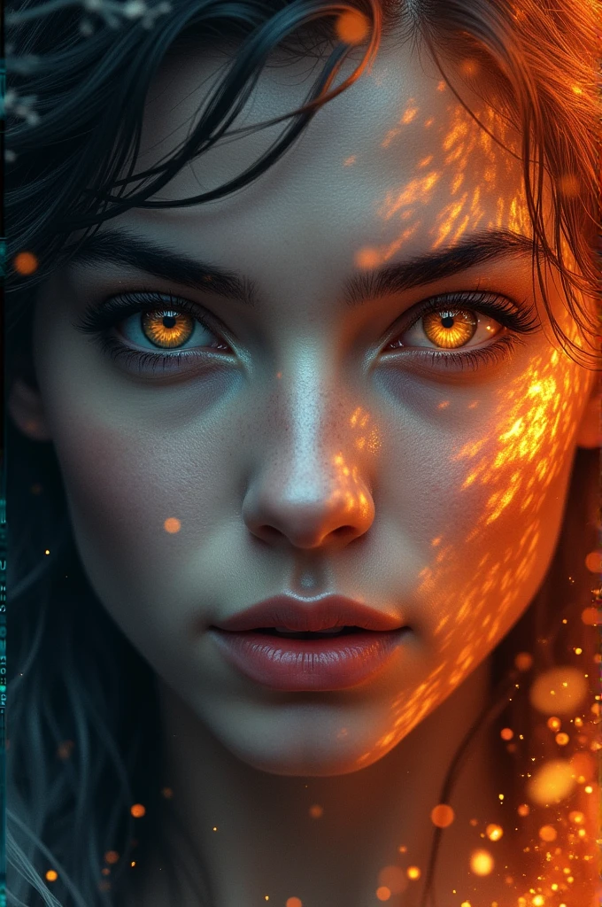Book cover showing grey male eyes looking at female orange fire eyes and title says "Hues of waves and ashes" 