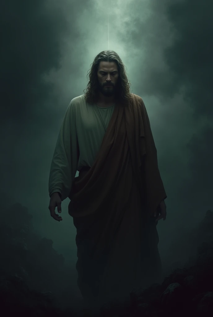 "Create a dramatic and poignant image of Jesus in a somber and dark setting. Depict Jesus with a solemn and contemplative expression, surrounded by a shadowy and muted environment that emphasizes the gravity of the scene. The background could include dark, stormy skies or a dimly lit, desolate landscape, creating a contrast with Jesus’ presence. Soft, subtle rays of light should highlight Jesus, symbolizing hope and divine presence even in the midst of darkness. The overall tone should evoke a sense of solemnity, introspection, and the profound depth of Jesus’ mission and sacrifice."