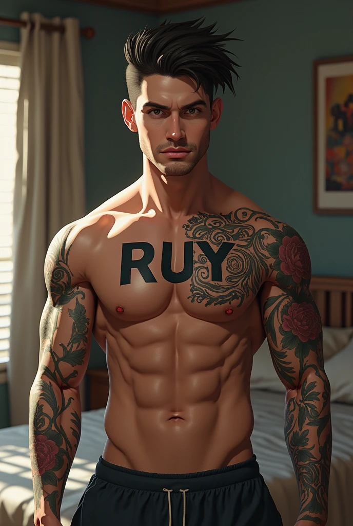 A young man AI high quality muscular “ruy” tattoo and other tattoos fair skin light pink mouth with realistic bedroom background 