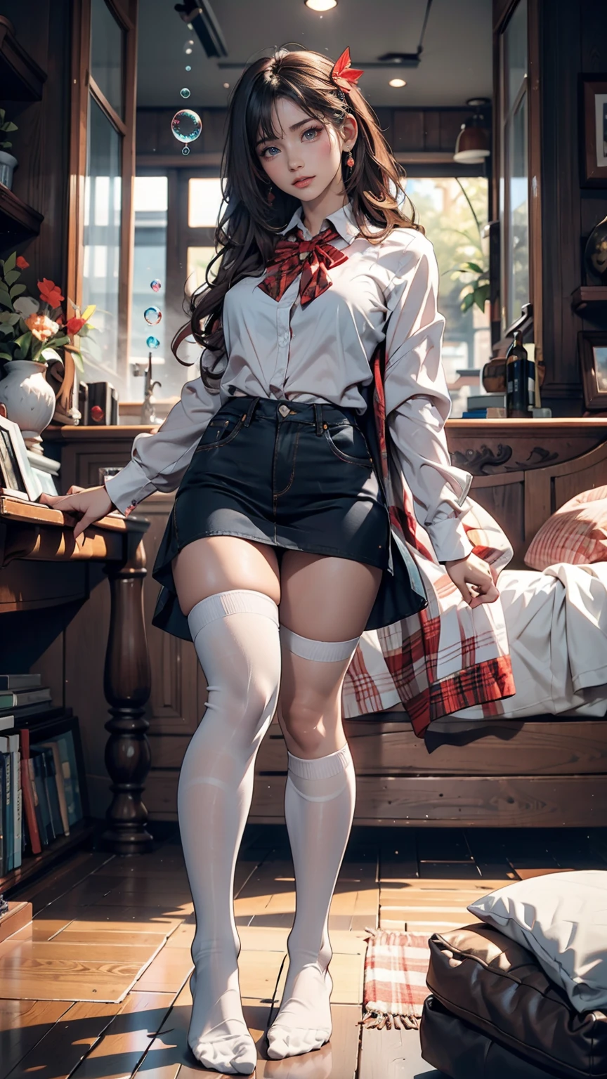 (masterpiece), (Highest quality), (Official Art, Very detailed CG ユニティ 8k 壁紙), (Very detailed), ((Absurd)), One person, Mid Shot, (Exquisite facial features),(Seraphim:1.3) ((software)),((Clear hands)), ((White knee socks without shoes)),Aqua Eye, Colored contact lenses, Stars in my eyes, (((Colorful Bubbles))), Colorful glass, (Album cover)