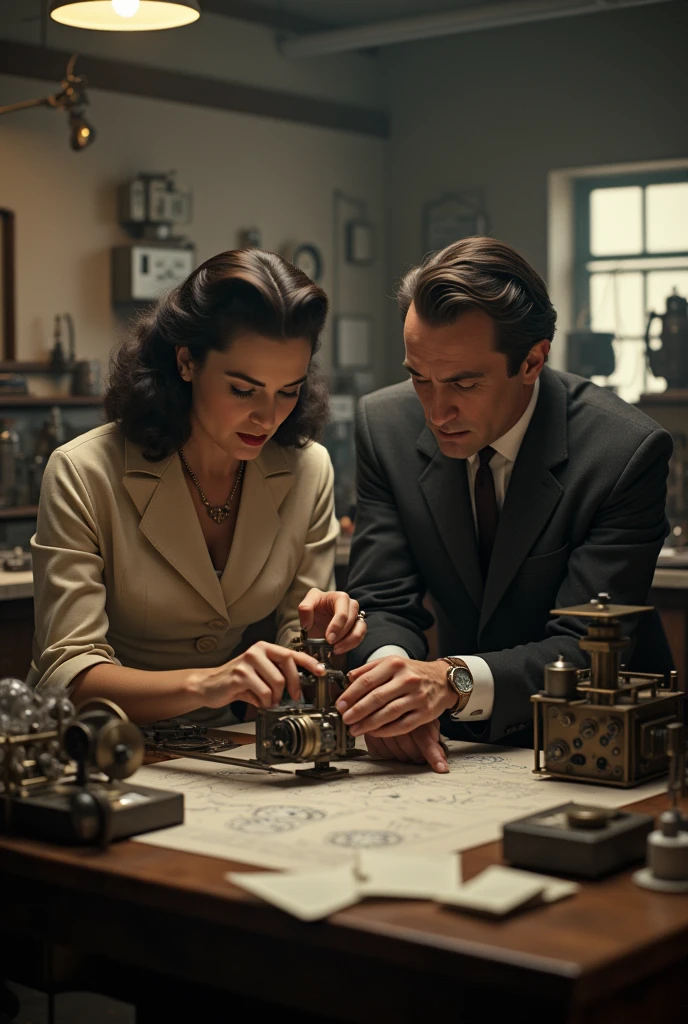"Photorealistic 4K cinematic image of Hedy Lamarr and George Antheil in a 1940s laboratory, deep in the process of inventing groundbreaking technology that will become the precursor to WiFi, GPS, and mobile phones. The scene captures Hedy and George working side by side at a cluttered workbench, surrounded by blueprints, early electronic components, and diagrams. Hedy, dressed in a stylish yet practical outfit, is focused on a technical device, her expression one of intense concentration and innovation. George, in a classic suit, is meticulously adjusting a piece of equipment, his face showing determination and excitement. The background features an array of scientific instruments, emphasizing the significance of their invention. The lighting is soft but focused, illuminating their workspace and highlighting the historical importance of their creation. This high-resolution, ultra-detailed image captures the moment of technological brilliance."
