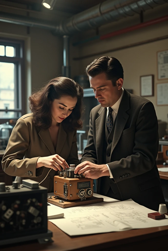 "Photorealistic 4K cinematic image of Hedy Lamarr and George Antheil in a 1940s laboratory, deep in the process of inventing groundbreaking technology that will become the precursor to WiFi, GPS, and mobile phones. The scene captures Hedy and George working side by side at a cluttered workbench, surrounded by blueprints, early electronic components, and diagrams. Hedy, dressed in a stylish yet practical outfit, is focused on a technical device, her expression one of intense concentration and innovation. George, in a classic suit, is meticulously adjusting a piece of equipment, his face showing determination and excitement. The background features an array of scientific instruments, emphasizing the significance of their invention. The lighting is soft but focused, illuminating their workspace and highlighting the historical importance of their creation. This high-resolution, ultra-detailed image captures the moment of technological brilliance."