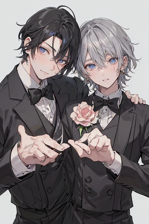 (Mastepiece)、(Best Quality)、Very detailed、((Two butlers:1.5))、Perfect Face、Beautiful Face、Very detailedな顔、(Black-haired man:1.3)、(Grey-haired man:1.3)、Deacon's uniform