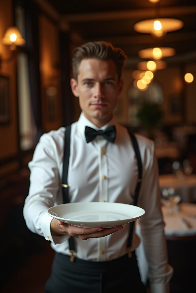 A waiter serving a empty plate  neare camera more nare to us 