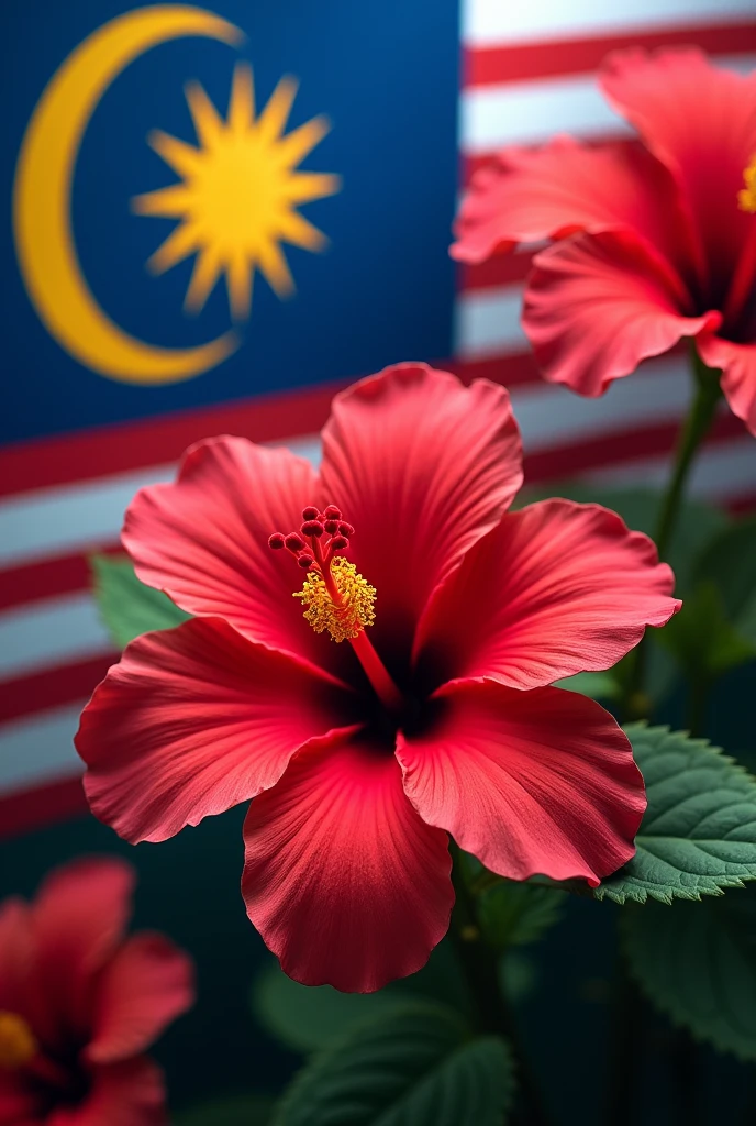 a hibiscus flower, malaysian flag, blank space for name