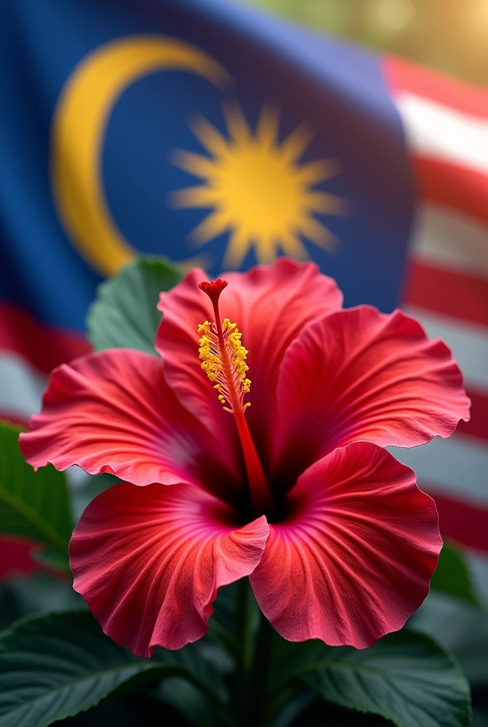 a hibiscus flower, malaysian flag, blank space for name 