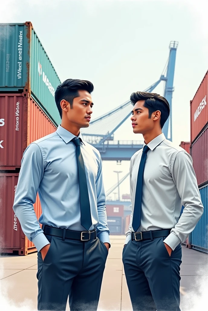 Hi, give me a picture of a 2 young man, who is a professional in International Business, clothing have customs worker clothing, in the background is the DP WORLD port with Maersk containers, that has a hairstyle with a side part, black hair, and it has a watercolor outline, and the image can be seen up to the knee