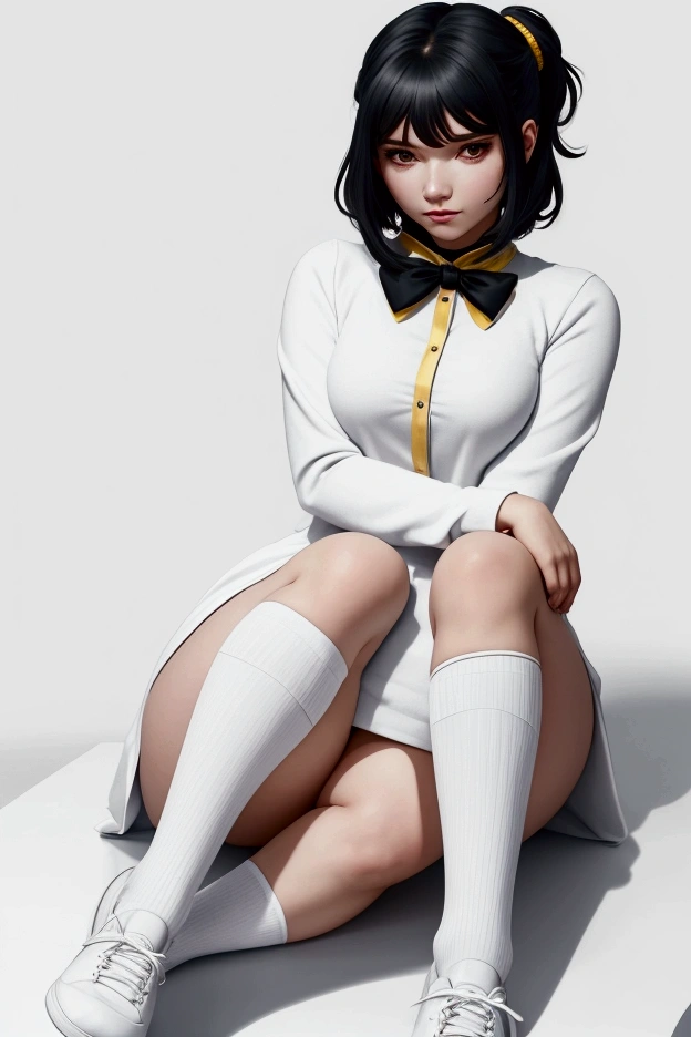 Lineart image of a girl sitting in the middle of a blank background Wearing high socks long white hair, white skin, white clothes, white shoes, white background line art.No colors thick thighs thick facing forward Apply facing down prespective a hot sitting position and bird's eye view prospective line art