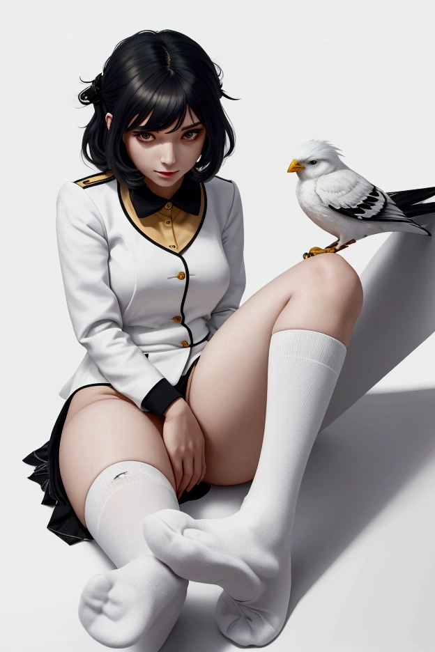 Lineart image of a girl sitting in the middle of a blank background Wearing high socks long white hair, white skin, white clothes, white shoes, white background line art.No colors thick thighs thick facing forward Apply facing down prespective a hot sitting position and bird's eye view prospective line art