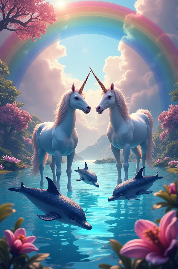 Dolphins and unicorns in a colorful place with rainbows