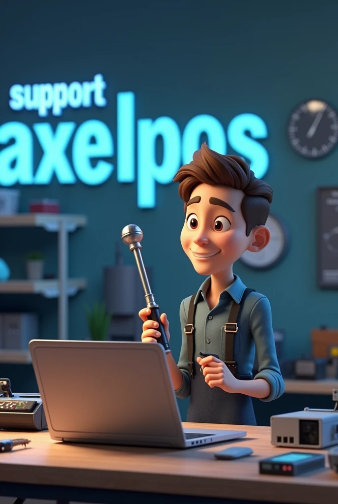 3D animation Good Technical Room with big text "Support Axelpos" in the wall 
With a male technichian in front of the laptop and beside many part hold the screw driver for repair broken mini printer