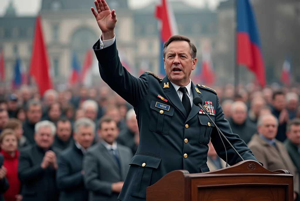 i need a realistic photo of an European Country leader wearing military dark grey uniform, The leader speaks at the rally. The leader has a hand raised.