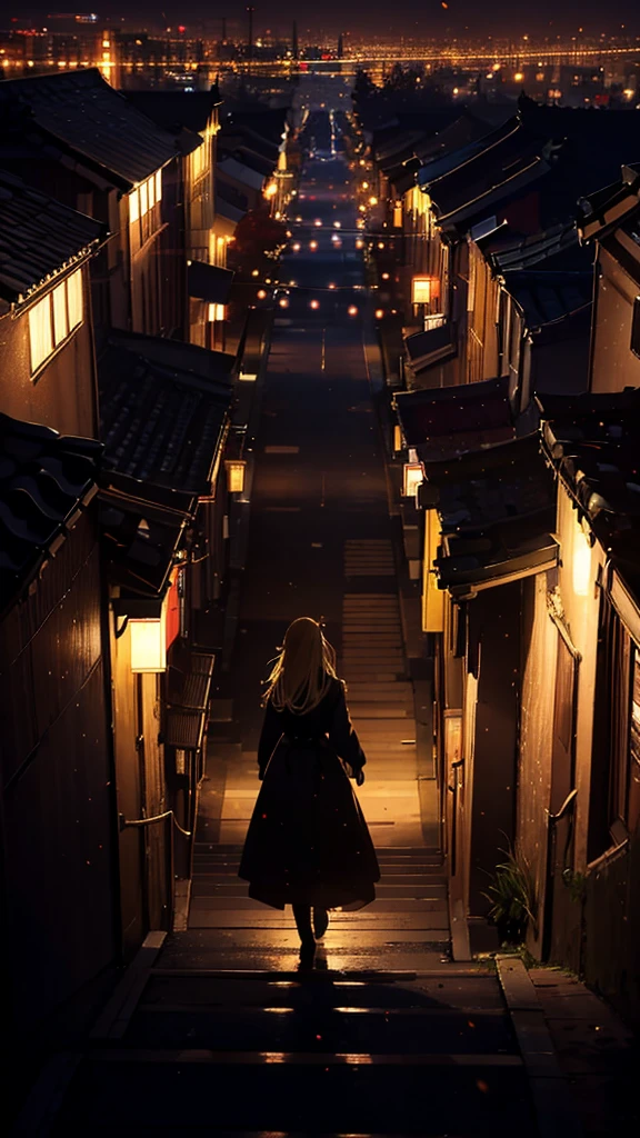 １people々々々々々々々々々々々々々々々々,Blonde long-haired woman，Long coat， Dress Silhouette， Rear View， Anime Style,evening， Autumn Festival Street，night，View of the city from the top of the stairs，