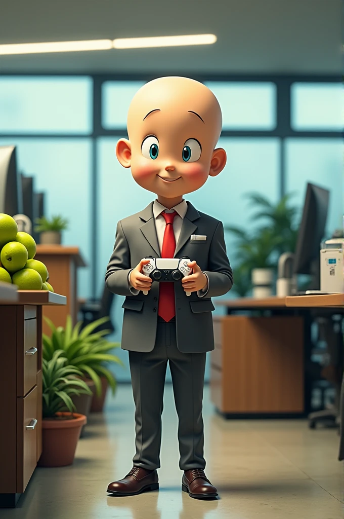 Krillin from Dragon Ball Super in his best Friday office suit, selling kiwis and playing PlayStation 5
