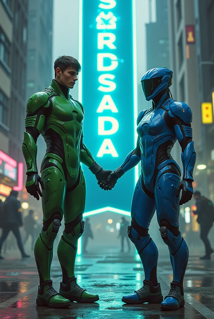 Cyberpunk Ingress enlightened agent wearing green and resistance agent wearing blue, standing while holding a long banner that says INGRESS SECOND SUNDAY