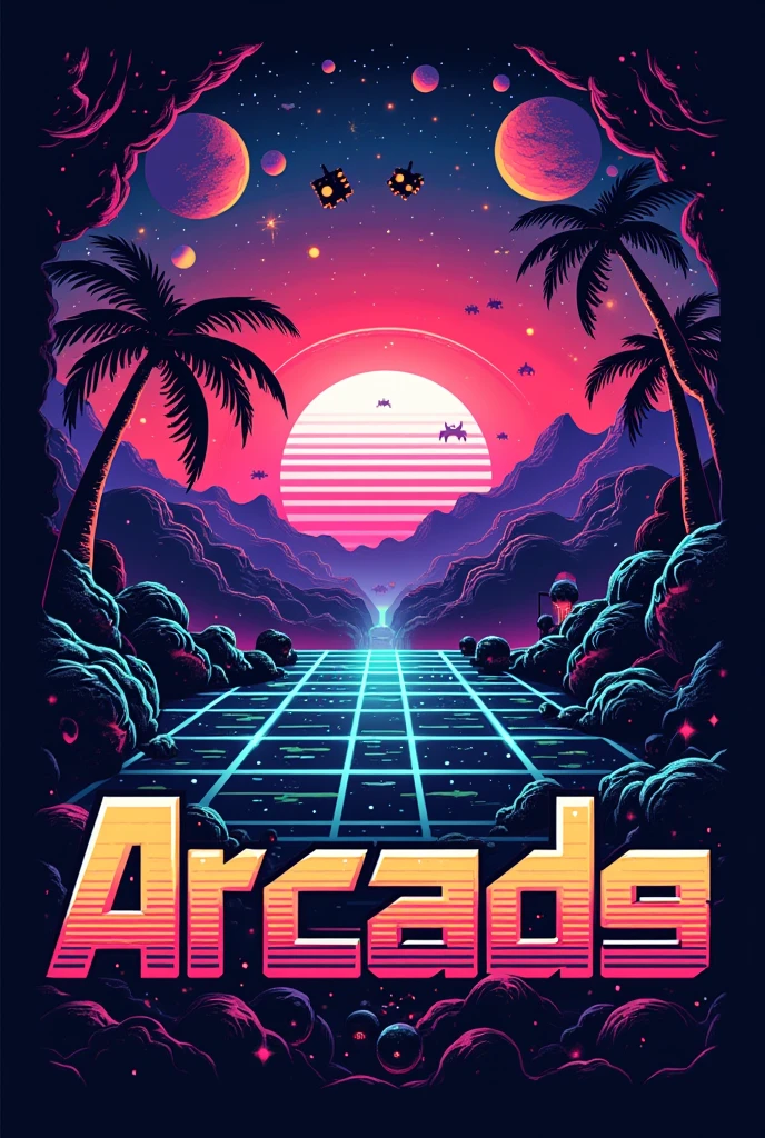 Create a T-shirt design inspired by 80s arcade culture. Use vibrant neon colors and pixelated graphics to capture the essence of classic video games. Incorporate iconic elements like 8-bit characters, game controllers, or space themes, with a retro-futuristic font that enhances the nostalgic vibe."