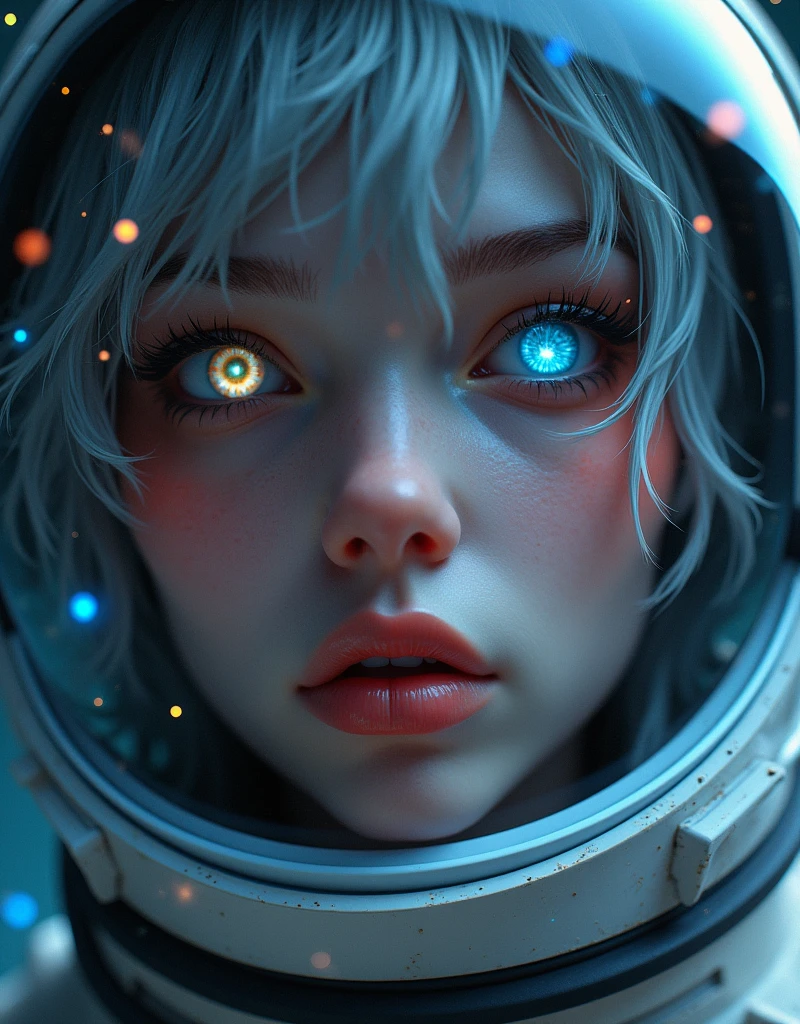 (Close-up of a better masterpiece:1.5)0.9], (Space and astronauts:1.2) (Messy silver hair:1.1) (Heterochromia xanthochromia and blue eyes:1.2) (Space Helmet:1.0) (Colored stars in the eyes:1.0) (A radiant glow:1.1) (thick lips:0.9)