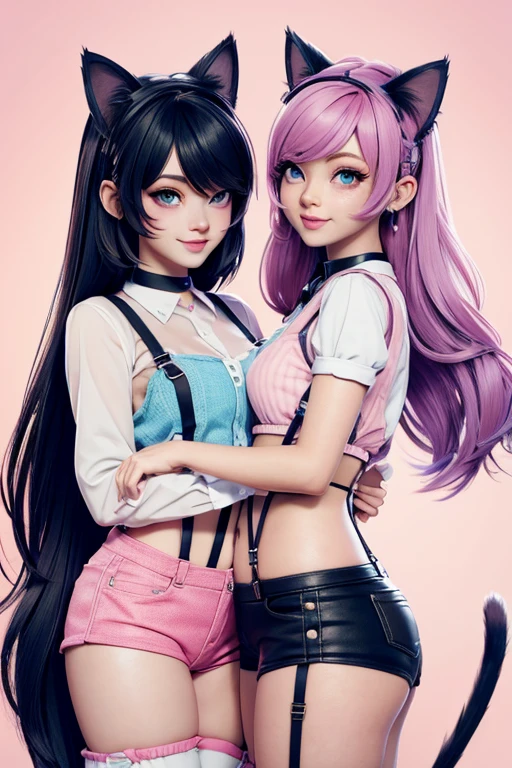 Two cute imvu women wearing pastel suspenders and cuddling, they both have cat ears and cat tails and look beautiful. 4K, ultra HD, masterpiece, real cartoon