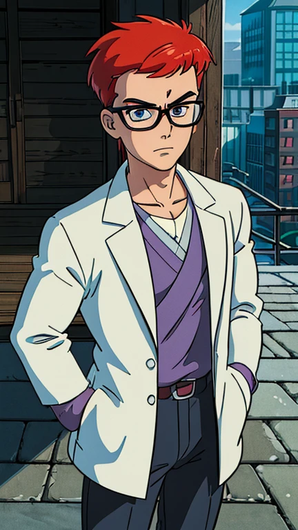 (1boy, dexter), (extremely detailed CG unit 8k wallpaper),(master part), (best quality), (ultra detail), (best illustration),(ghibli style), cowboy shot, (Sharp eyeliner, ombre, detail eyes:1), city park, laboratory , break , (GHIBLI_Background), upper body, red hair, white labcoat, standing,  glasses ,black pant