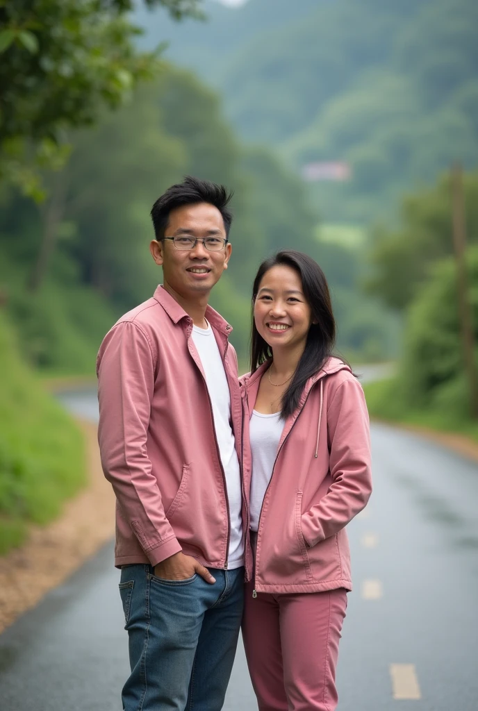 Real pinoy couple wearing pants pinkjacket standing back road blurd