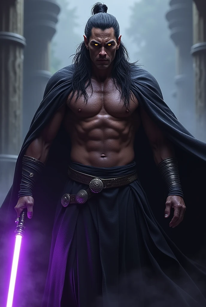 Dark male Sith lord with glowing yellow eyes,  with long, wavy, messy black hair, with samurai bun. Wearing a black cape and dark metal belt and silver bracelets and shoulder pads...His heavily scarred chest is exposed beneath his black cloak. In an attack pose he holds a purple lightsaber.