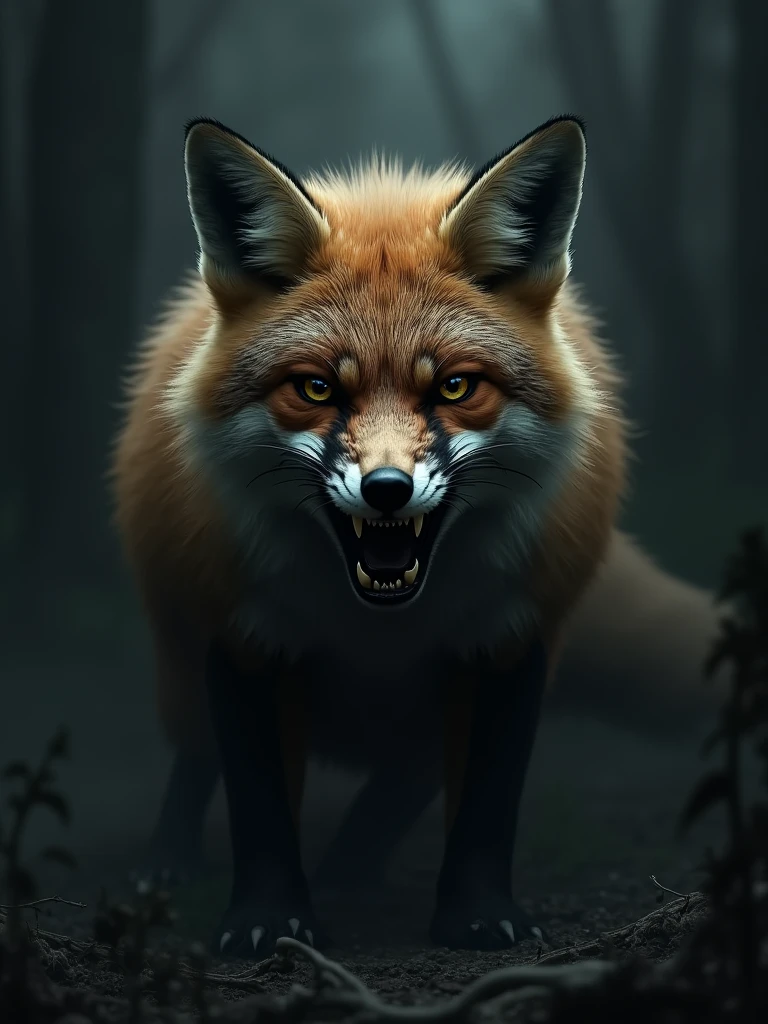 A fierce fox baring its teeth in a dark place