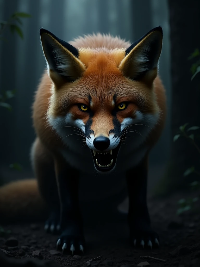 A fierce fox baring its teeth in a dark place
